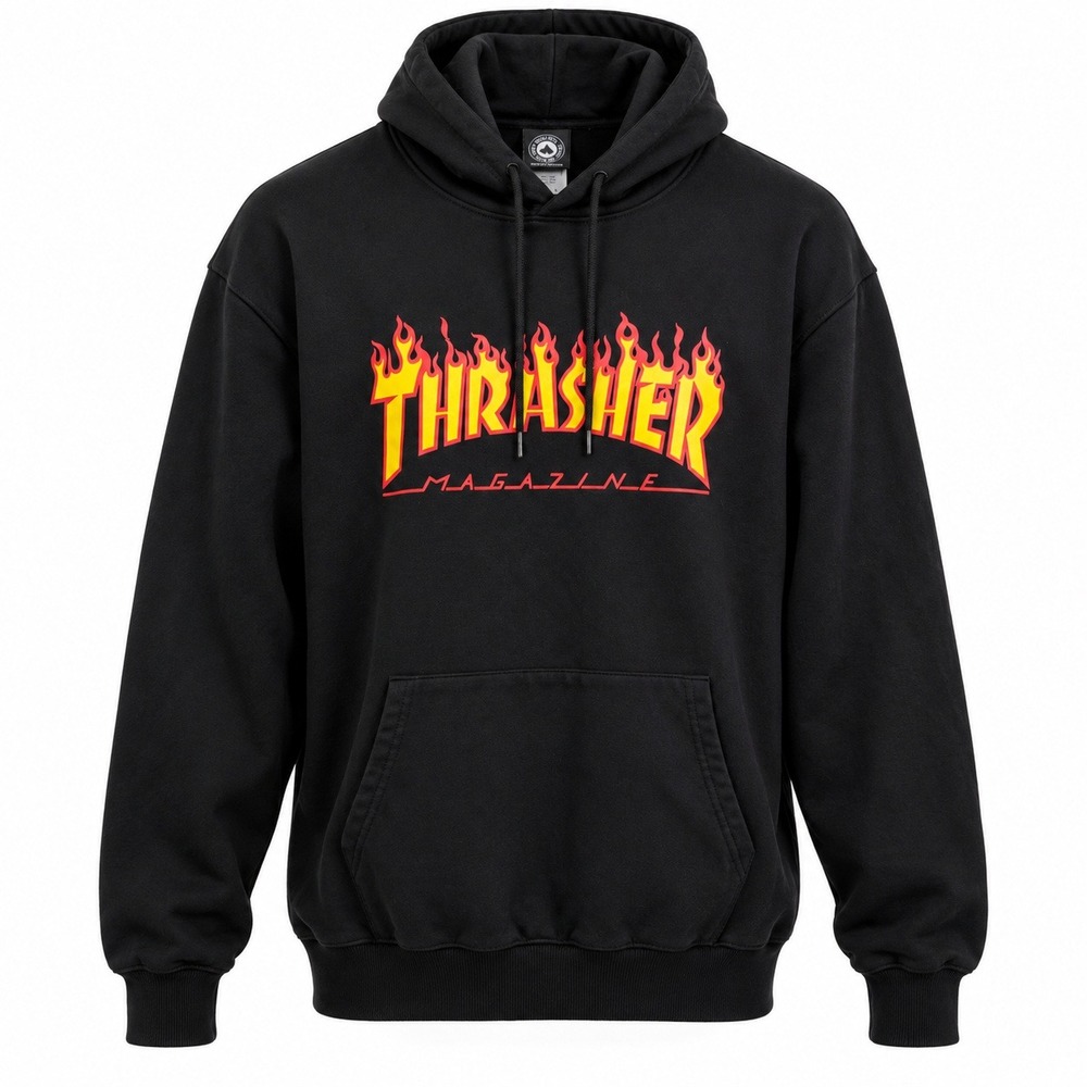 Thrasher Magazine Flame Logo Hoodie Black Mens Large Skateboarding Sweatshirt